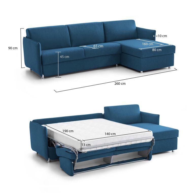 Divano letto con penisola Scordia, 260x160 h90 cm, Blu