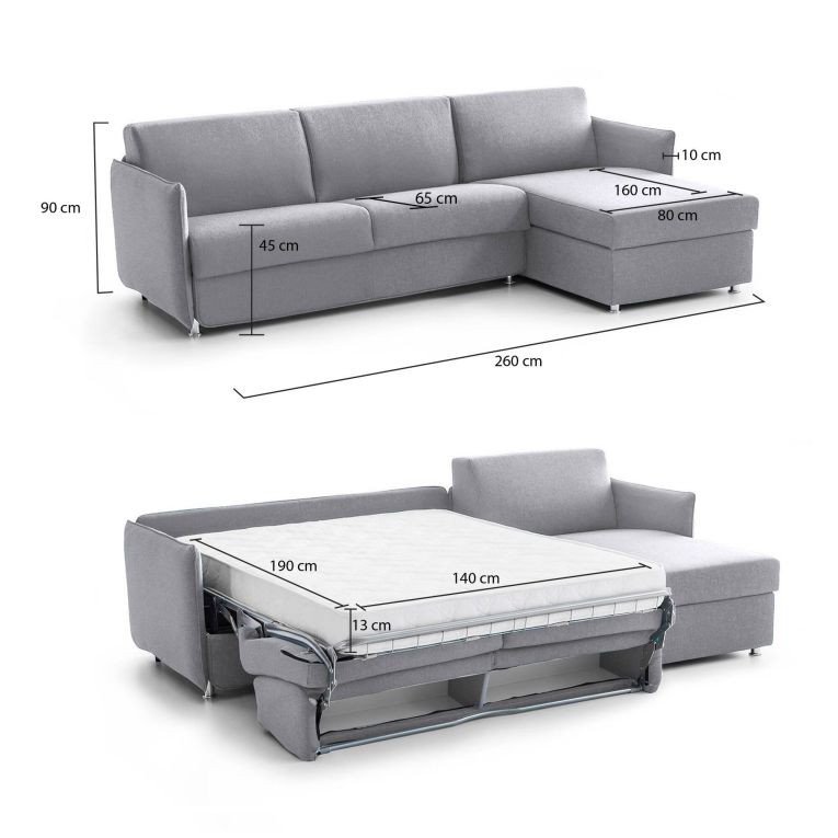 Divano letto con penisola Scordia, 260x160 h90 cm, Grigio