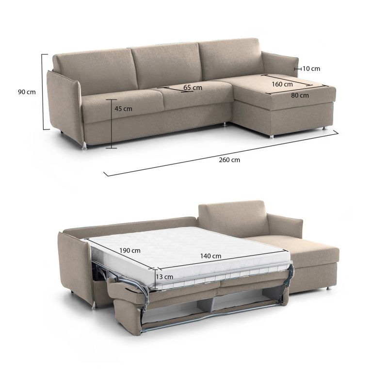 Divano letto con penisola Scordia, 260x160 h90 cm, Tortora