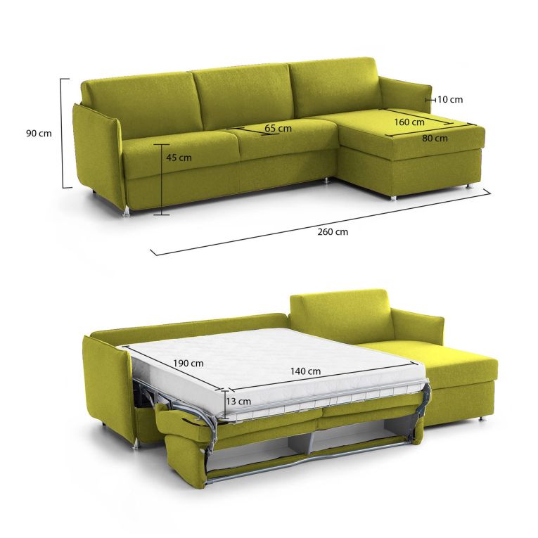 Divano letto con penisola Scordia, 260x160 h90 cm, Verde