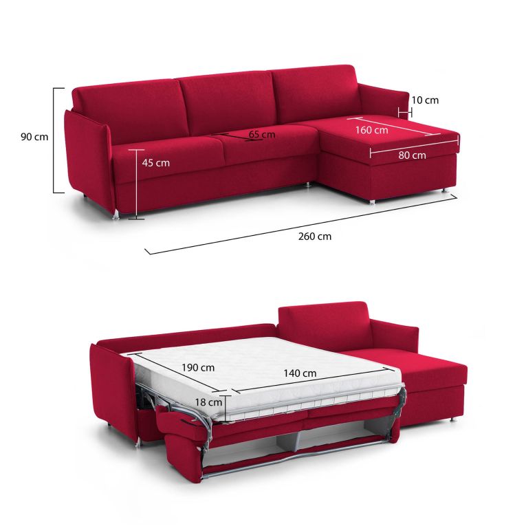 Divano letto con penisola Sumirago, 260x160 h90 cm, Rosso
