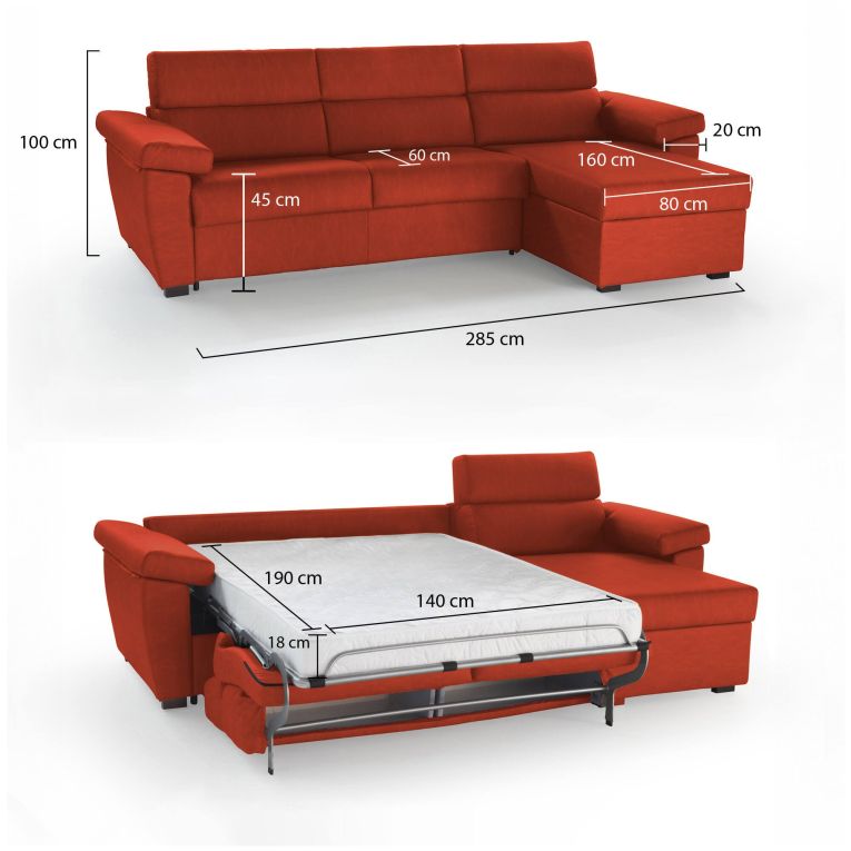 Divano letto con penisola Tolle, 285x160 h100 cm, Arancione