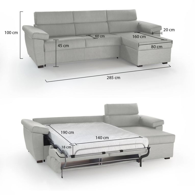Divano letto con penisola Tolle, 285x160 h100 cm, Grigio chiaro