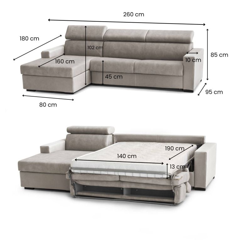 Divano letto con penisola tortora 260x95cm - Aloet