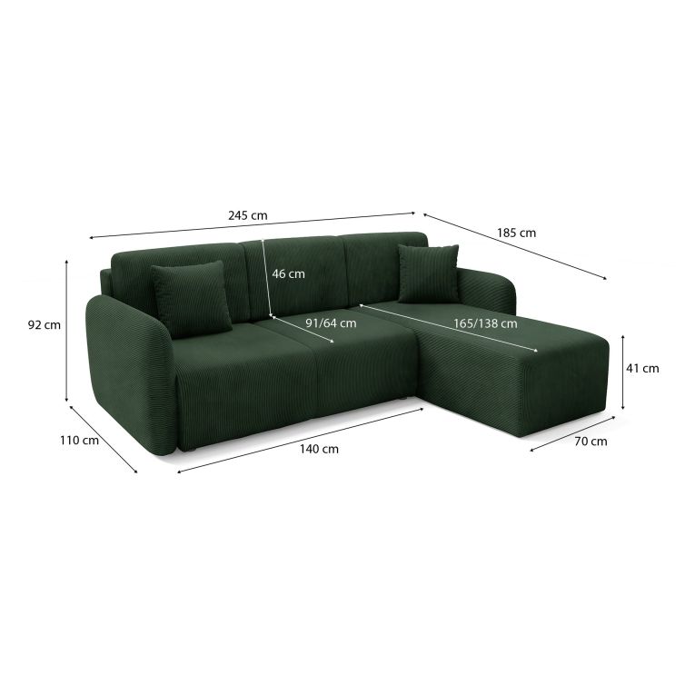 Divano Letto con Penisola Verde bottiglia- Contenitore Reversibile 245x185 cm, Reclinabile - Ranco