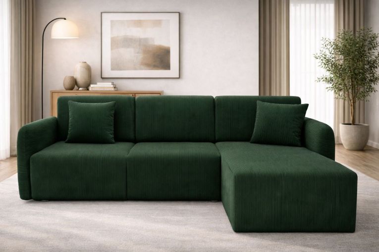 Divano Letto con Penisola Verde bottiglia- Contenitore Reversibile 245x185 cm, Reclinabile - Ranco