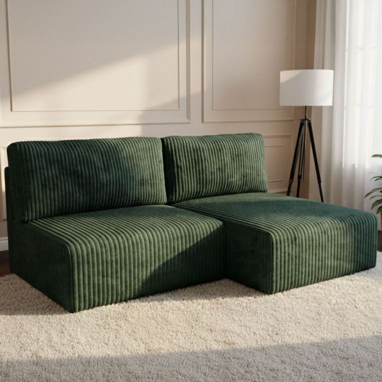 Divano Letto con Penisola Verde Contenitore Cuscini Sfoderabili 210x149 cm, Reclinabile - Pergola