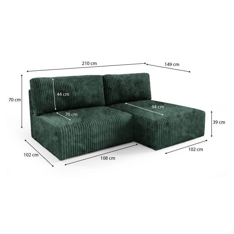 Divano Letto con Penisola Verde Contenitore Cuscini Sfoderabili 210x149 cm, Reclinabile - Pergola