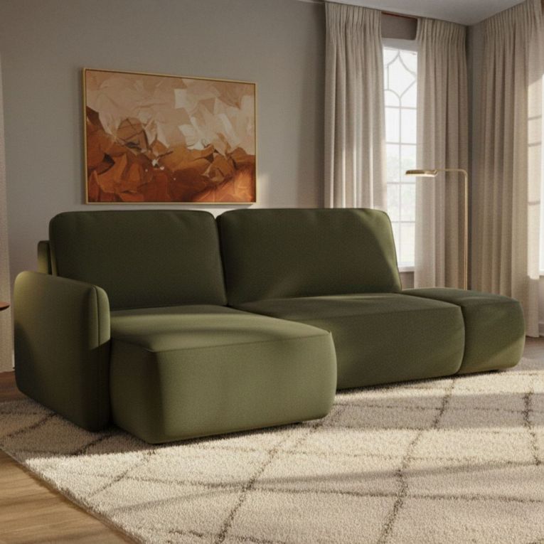 Divano Letto con Penisola Verde Contenitore Reclinabile 229x148 cm, Cuscini Sfoderabili - Rezzo