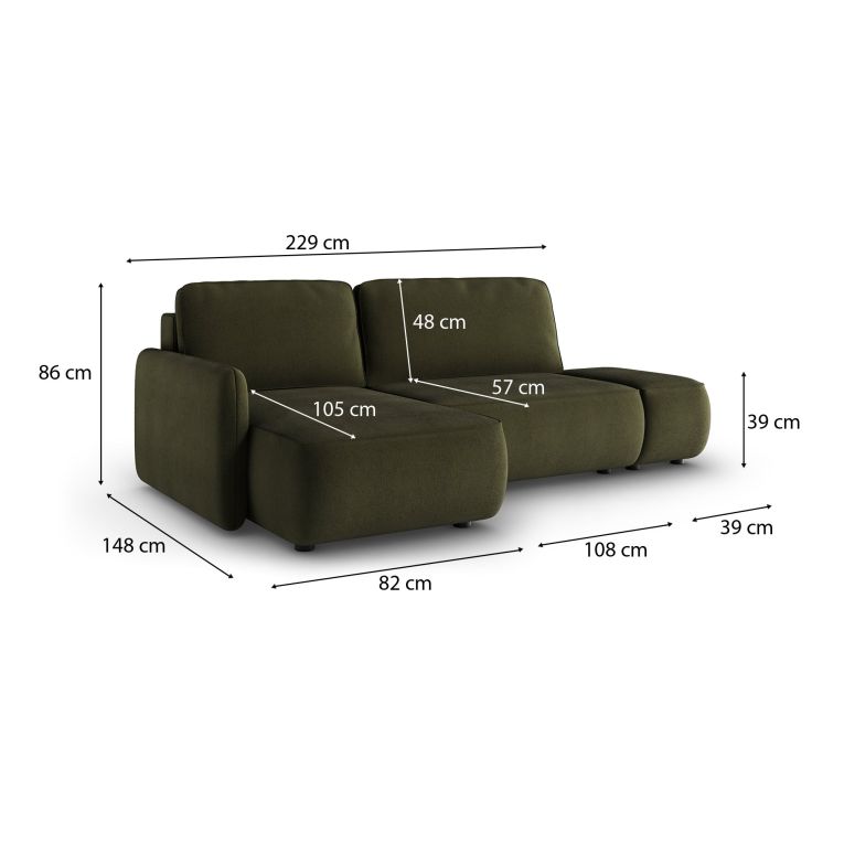 Divano Letto con Penisola Verde Contenitore Reclinabile 229x148 cm, Cuscini Sfoderabili - Rezzo