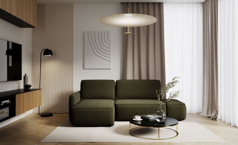 Divano Letto con Penisola Verde Contenitore Reclinabile 229x148 cm, Cuscini Sfoderabili - Rezzo