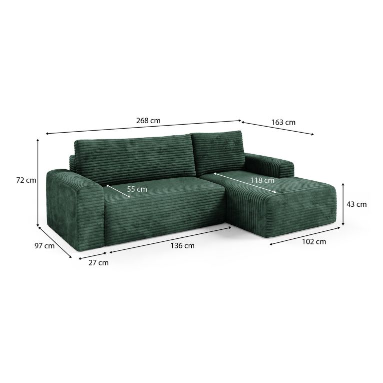 Divano Letto con Penisola Verde Contenitore Reclinabile 268x163 cm, Cuscini Sfoderabili - Folgarida