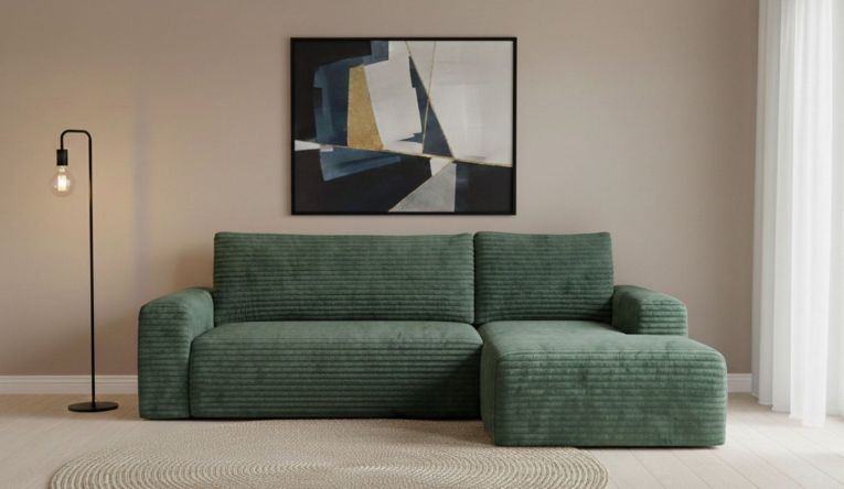 Divano Letto con Penisola Verde Contenitore Reclinabile 268x163 cm, Cuscini Sfoderabili - Folgarida