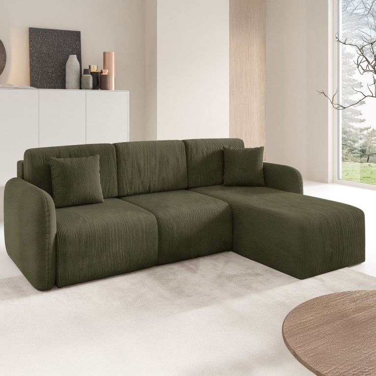 Divano Letto con Penisola Verde Contenitore Reversibile 245x185 cm, Reclinabile - Ranco