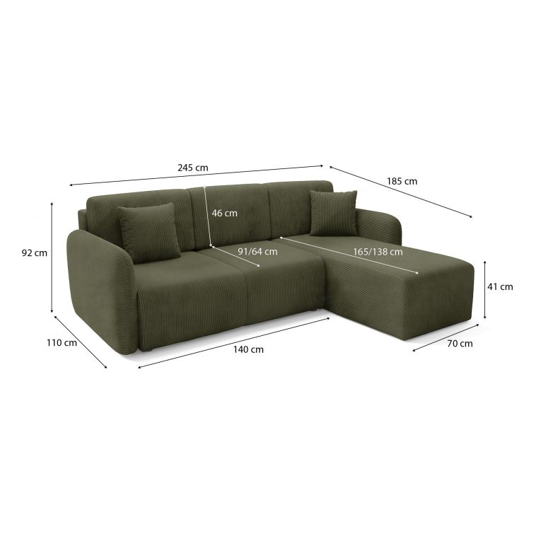 Divano Letto con Penisola Verde Contenitore Reversibile 245x185 cm, Reclinabile - Ranco
