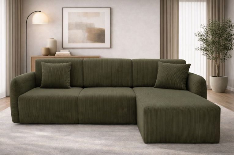 Divano Letto con Penisola Verde Contenitore Reversibile 245x185 cm, Reclinabile - Ranco