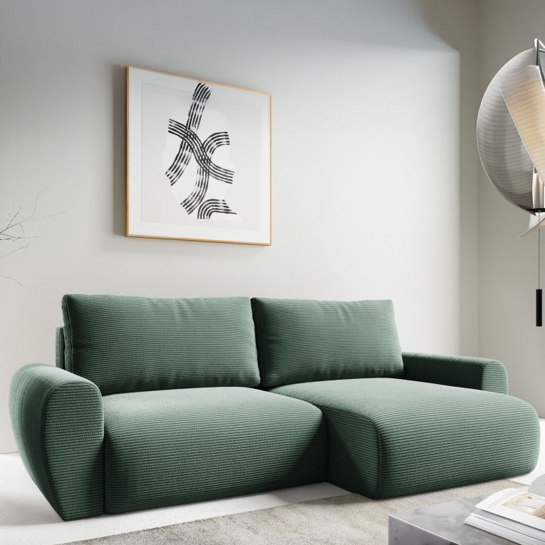 Divano Letto con Penisola Verde Contenitore Reversibile 253x153 cm, Reclinabile - Paullo