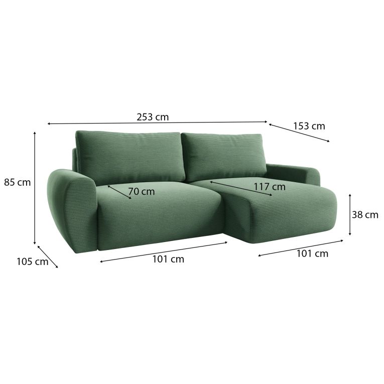 Divano Letto con Penisola Verde Contenitore Reversibile 253x153 cm, Reclinabile - Paullo