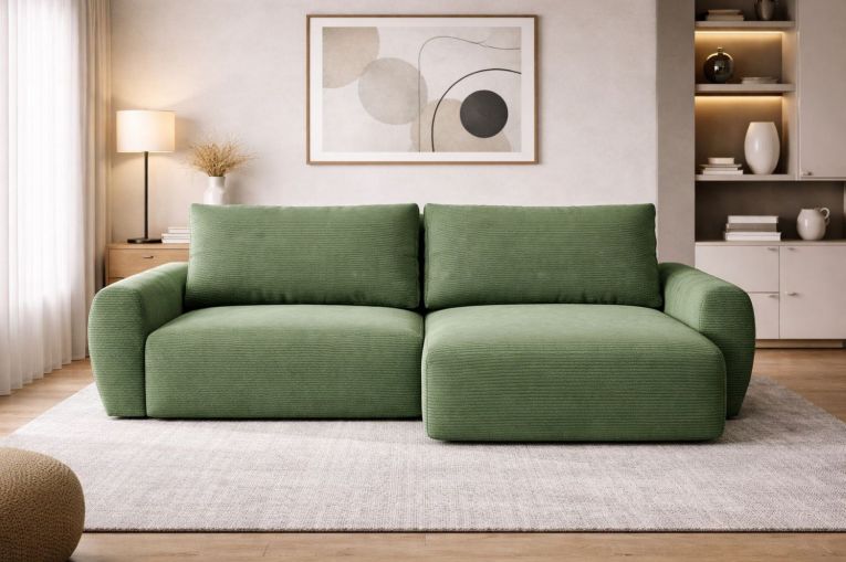 Divano Letto con Penisola Verde Contenitore Reversibile 253x153 cm, Reclinabile - Paullo