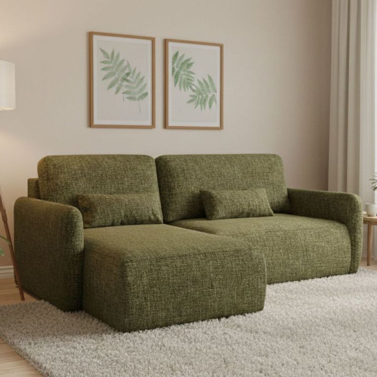 Divano Letto con Penisola Verde Oliva Contenitore Reclinabile 207x148 cm, Reversibile - Pagno