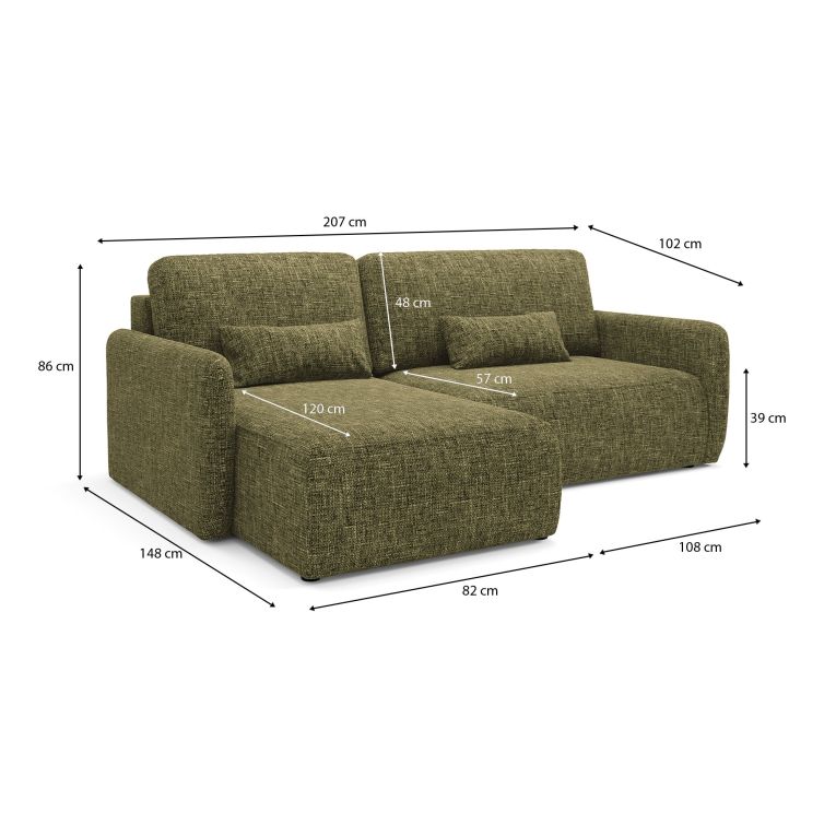 Divano Letto con Penisola Verde Oliva Contenitore Reclinabile 207x148 cm, Reversibile - Pagno