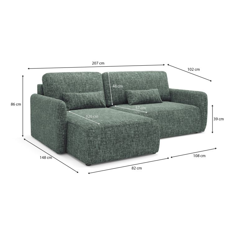Divano Letto con Penisola Verde Salvia Contenitore Reclinabile 207x148 cm, Reversibile - Pagno