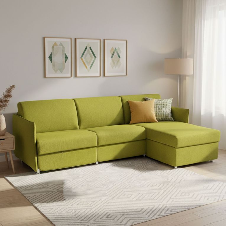 Divano Letto con Penisola Verde Sfoderabile Contenitore 260x160 cm, Idrorepellente Multiposizione Trasformabile in Letto Made in Italy - Sumirago