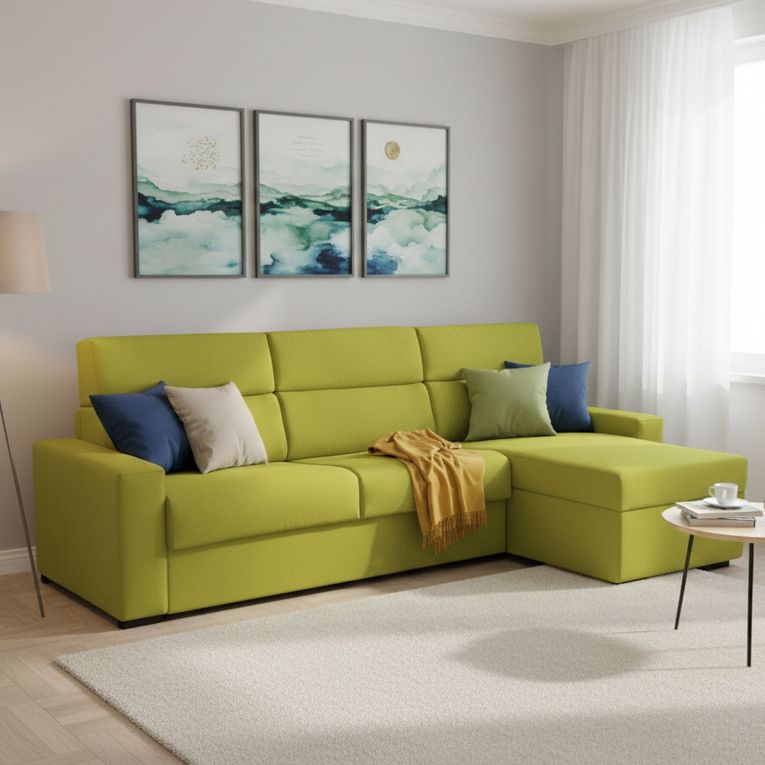Divano Letto con Penisola Verde Sfoderabile Contenitore 280x160 cm, Idrorepellente Multiposizione Trasformabile in Letto Made in Italy - Celleno