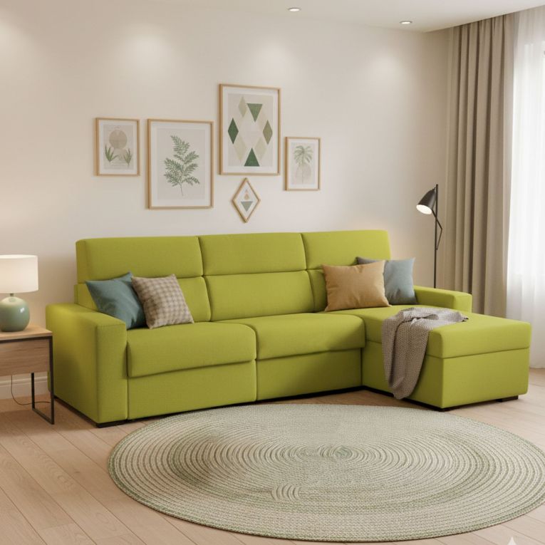 Divano Letto con Penisola Verde Sfoderabile Contenitore 280x160 cm, Idrorepellente Multiposizione Trasformabile in Letto Made in Italy - Pusiano