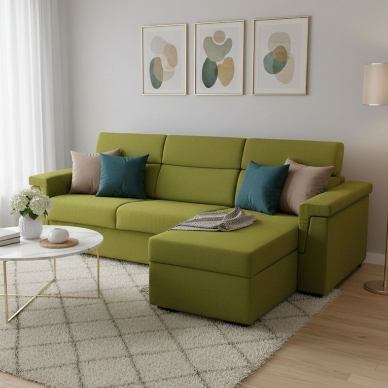 Divano Letto con Penisola Verde Sfoderabile Contenitore 285x160 cm, Idrorepellente Multiposizione Trasformabile in Letto Made in Italy - Ganzaria