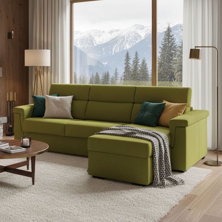 Divano Letto con Penisola Verde Sfoderabile Contenitore 285x160 cm, Idrorepellente Multiposizione Trasformabile in Letto Made in Italy - Ganzaria