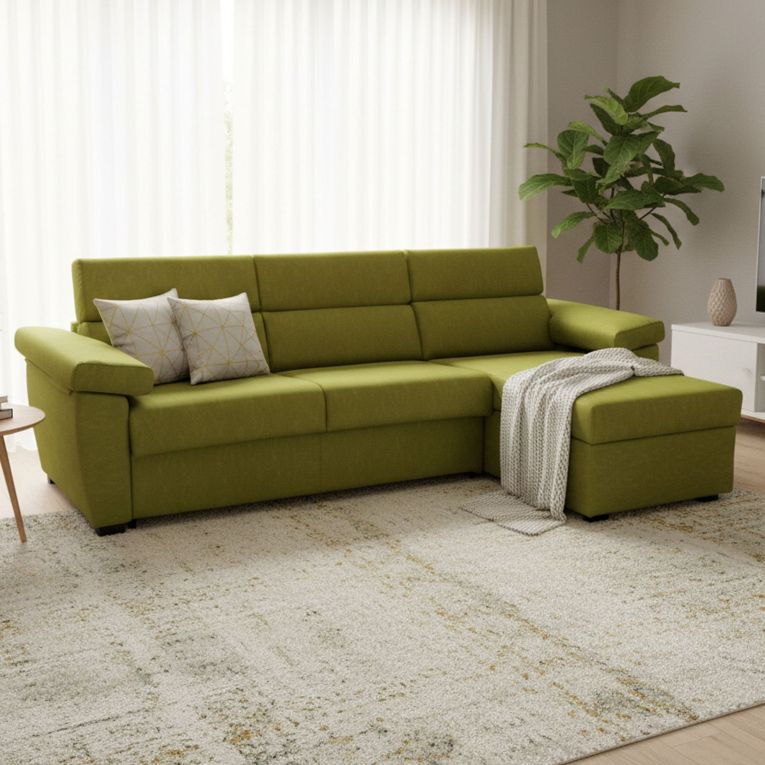 Divano Letto con Penisola Verde Sfoderabile Contenitore 285x160 cm, Idrorepellente Multiposizione Trasformabile in Letto Made in Italy - Tolle