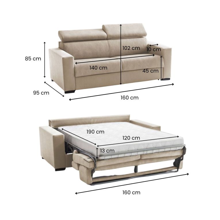 Divano letto contenitore 2 posti 160x95 cm reclinabile con vano contenitore in tessuto sfoderabile beige – Alinia