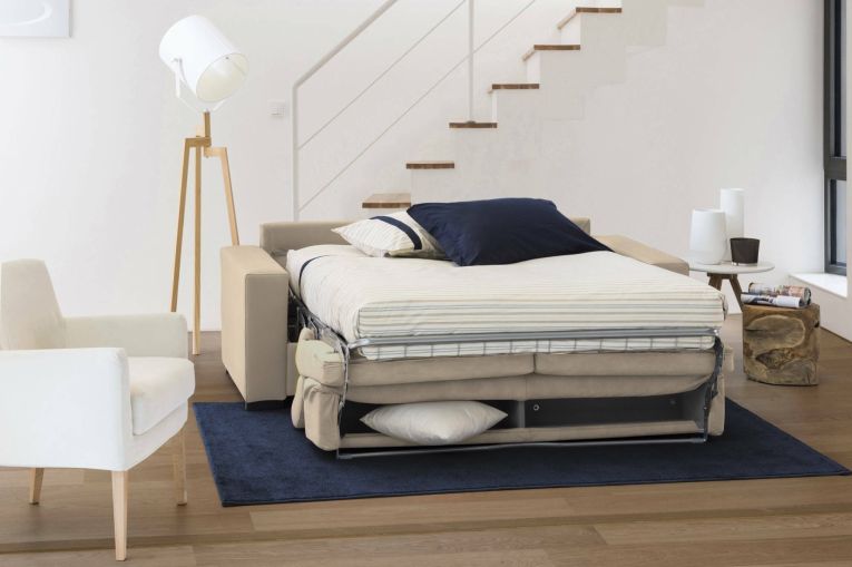Divano letto contenitore 2 posti 160x95 cm reclinabile con vano contenitore in tessuto sfoderabile beige – Alinia