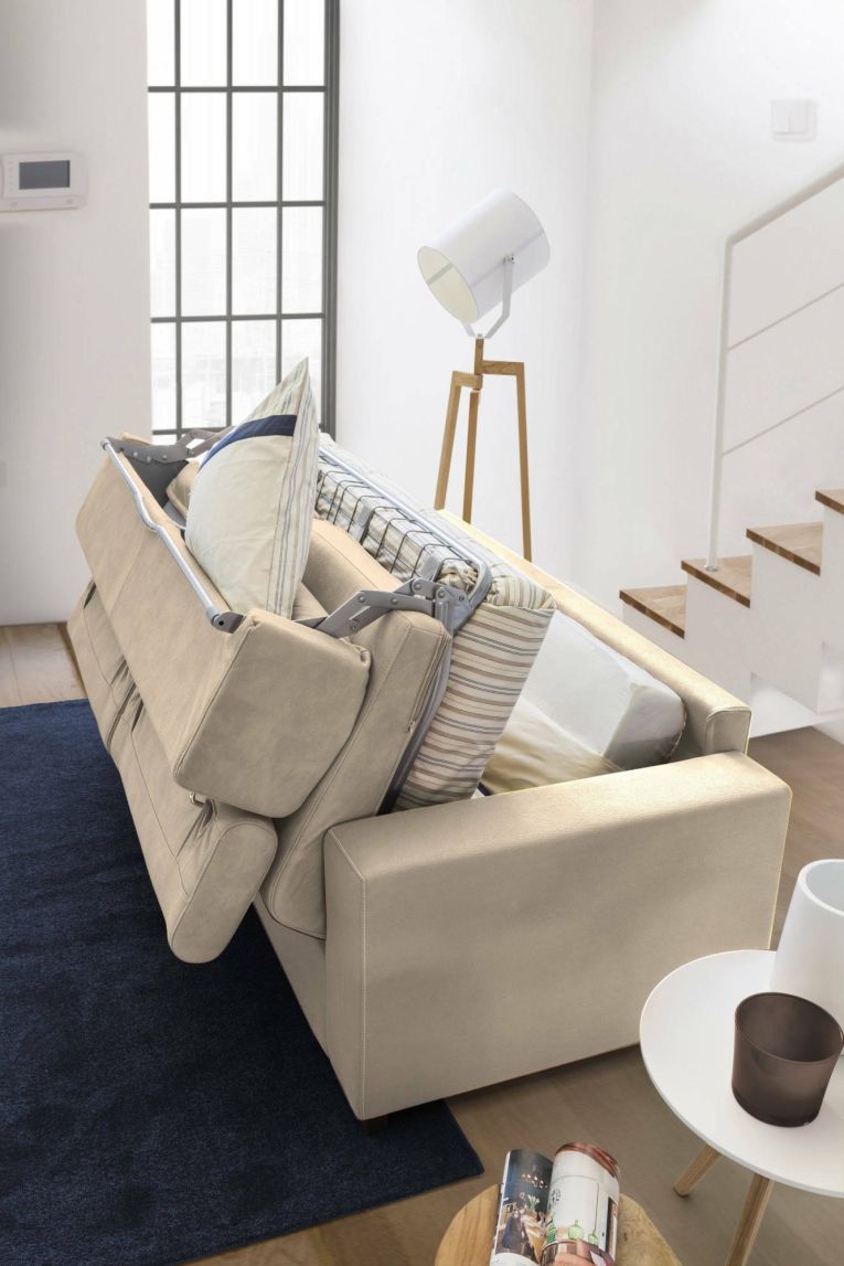 Divano letto contenitore 2 posti 160x95 cm reclinabile con vano contenitore in tessuto sfoderabile beige – Alinia