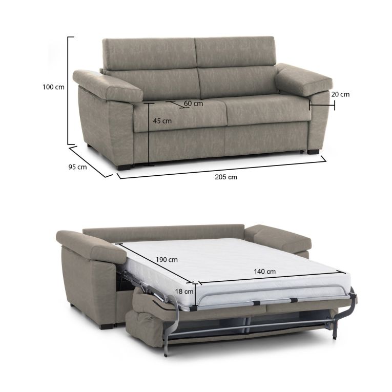 Divano letto doppio tortora 205x95cm - Contrada