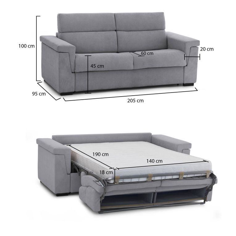 Divano letto due piazze grigio 205x95cm - Brusasco