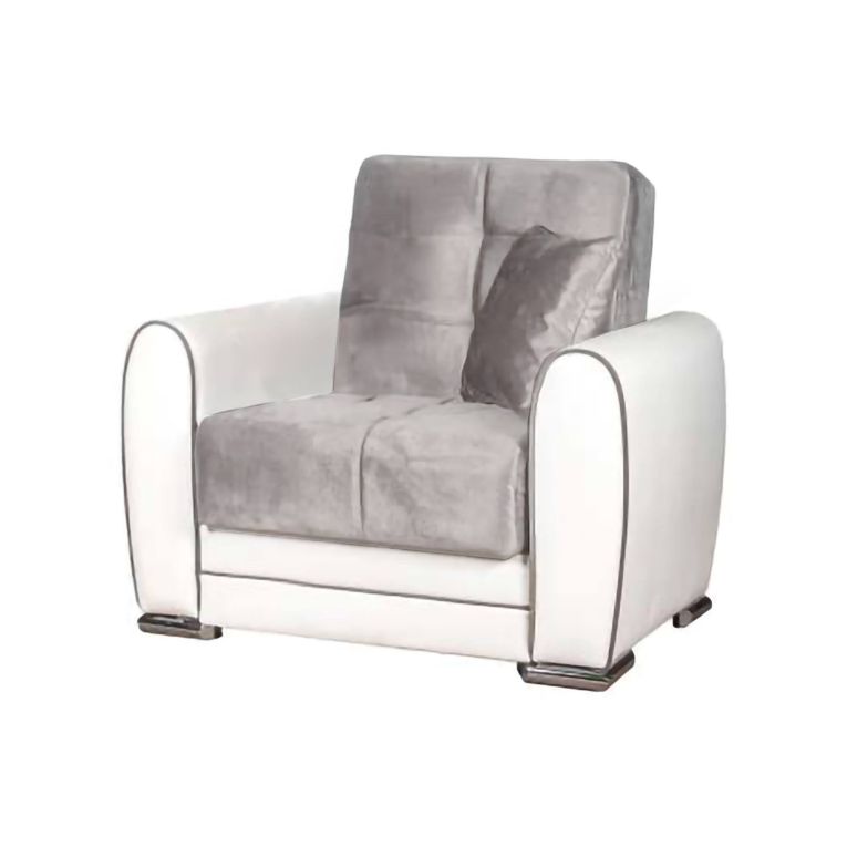 Divano letto Enrique, Poltrona contenitore da salotto, trasformabile in letto , Poltroncina relax in tessuto imbottito, 97x84h91 cm, Bianco e Grigio Chiaro