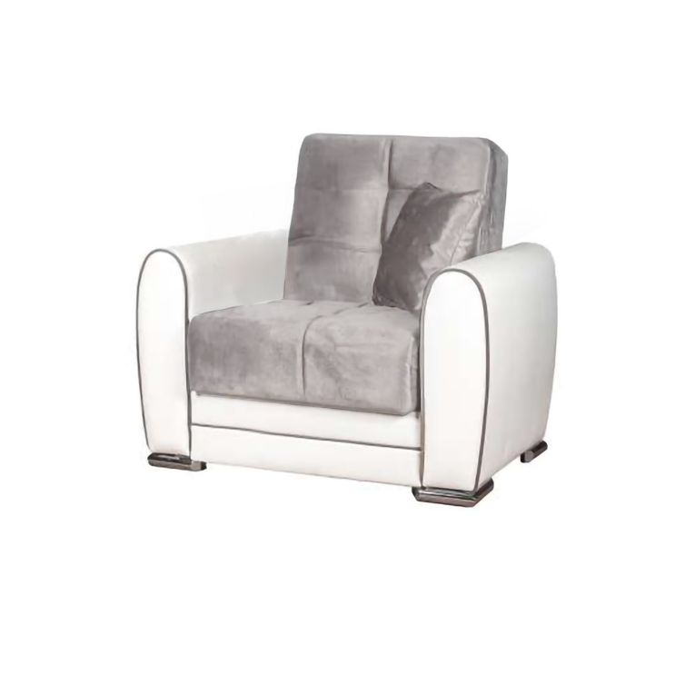 Divano letto Enrique, Poltrona contenitore da salotto, trasformabile in letto , Poltroncina relax in tessuto imbottito, 97x84h91 cm, Bianco e Grigio Chiaro