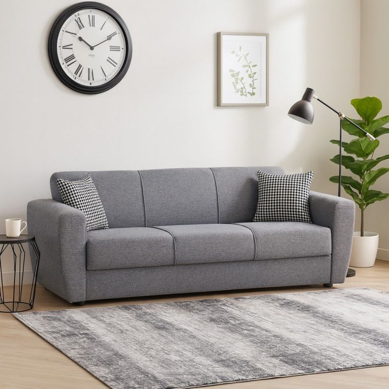 Divano letto Escobar, Divano letto contenitore a 3 posti lineare, Sofà da soggiorno in tessuto imbottito con apertura click-clack, 223x84xh80 cm, Grigio