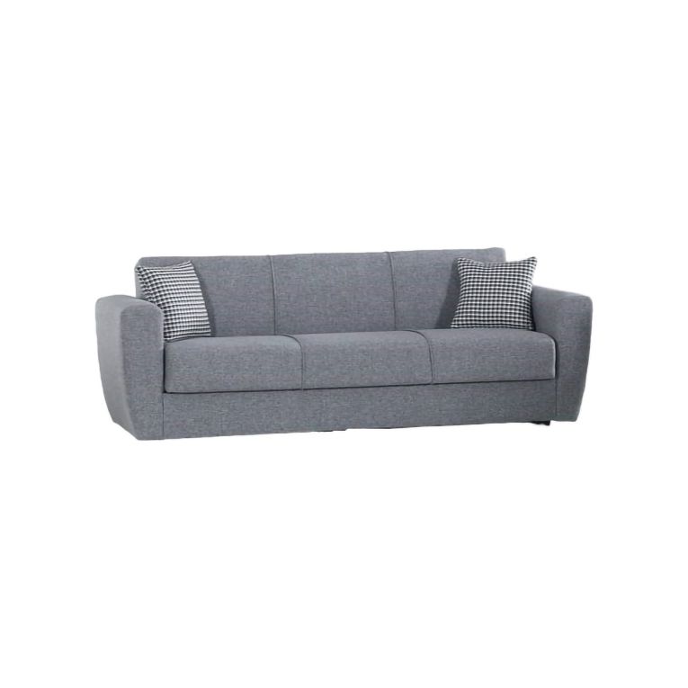 Divano letto Escobar, Divano letto contenitore a 3 posti lineare, Sofà da soggiorno in tessuto imbottito con apertura click-clack, 223x84xh80 cm, Grigio