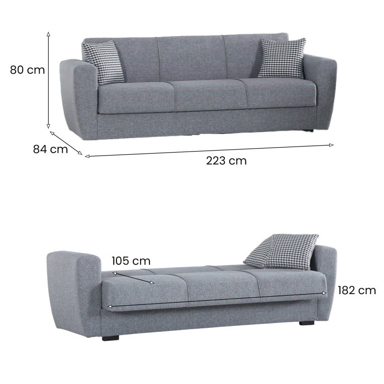 Divano letto Escobar, Divano letto contenitore a 3 posti lineare, Sofà da soggiorno in tessuto imbottito con apertura click-clack, 223x84xh80 cm, Grigio