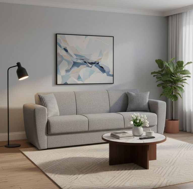 Divano letto Escobar, Divano letto contenitore a 3 posti lineare, Sofà da soggiorno in tessuto imbottito con apertura click-clack, 223x84xh80 cm, Grigio