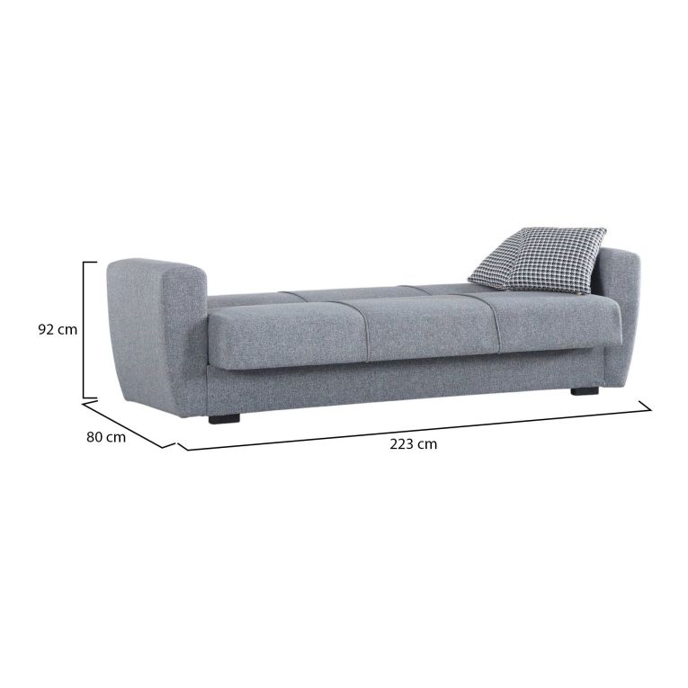 Divano letto Escobar, Divano letto contenitore a 3 posti lineare, Sofà da soggiorno in tessuto imbottito con apertura click-clack, 223x84xh80 cm, Grigio