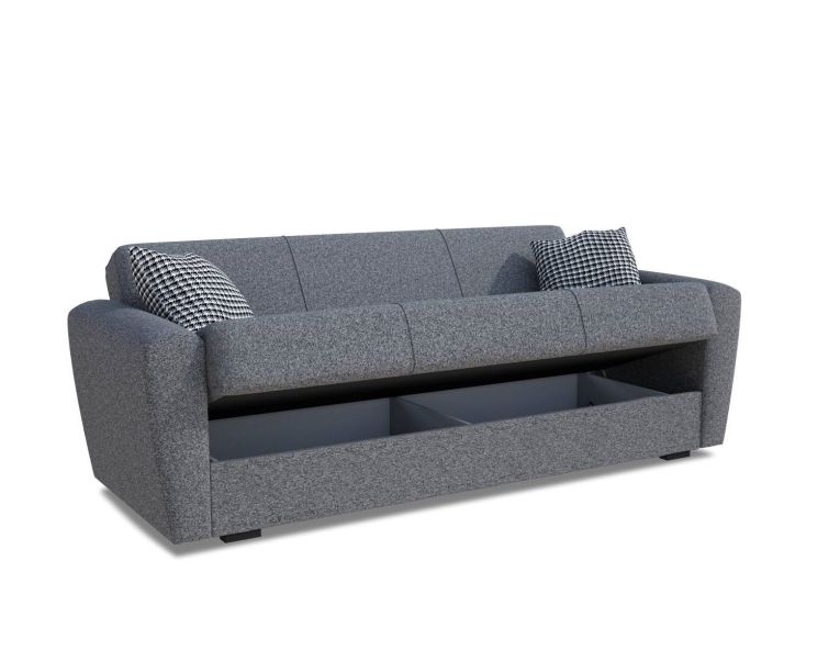 Divano letto Escobar, Divano letto contenitore a 3 posti lineare, Sofà da soggiorno in tessuto imbottito con apertura click-clack, 223x84xh80 cm, Grigio