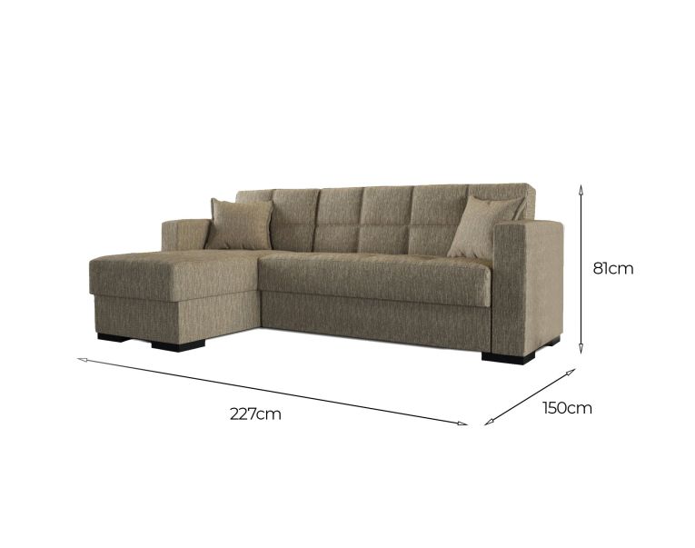 Divano letto Fernando, Divano letto ad angolo con penisola reversibile, Sofà contenitore da soggiorno con chaislongue e 2 cuscini, 230x150h81 cm, Beige
