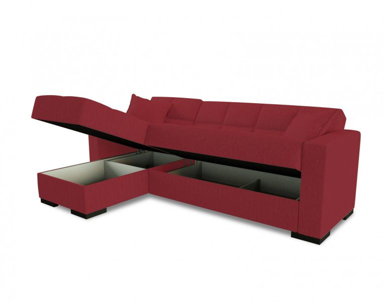 Divano letto Fernando, Divano letto ad angolo con penisola reversibile, Sofà contenitore da soggiorno con chaislongue e 2 cuscini, 230x150h81 cm, Rosso