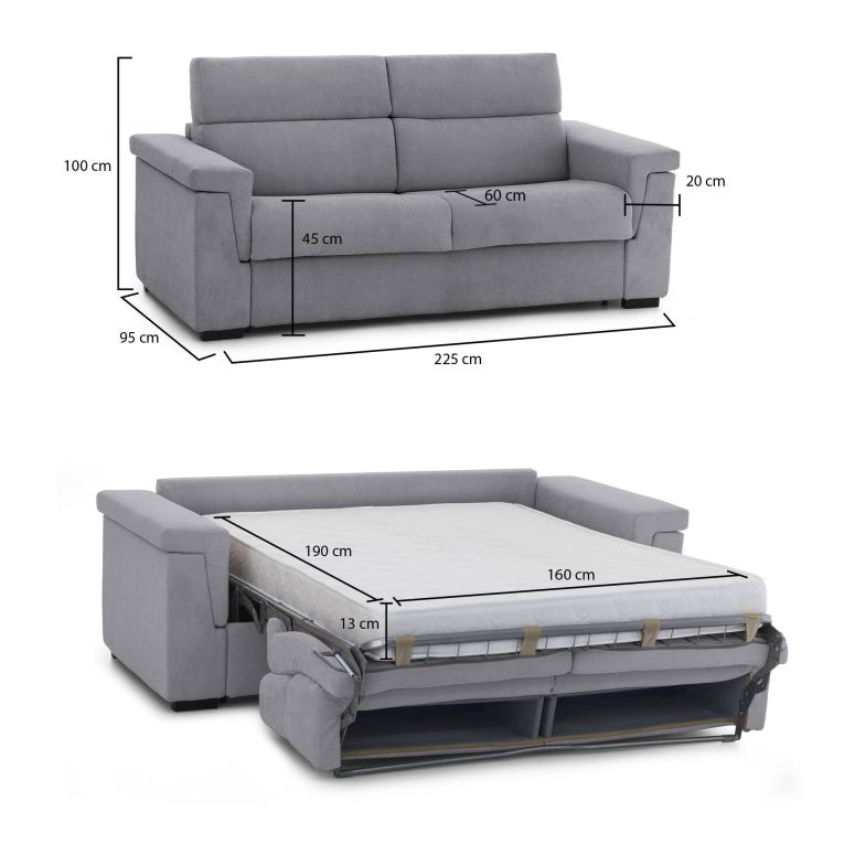 Divano letto in legno massello grigio 225x95cm - Nus