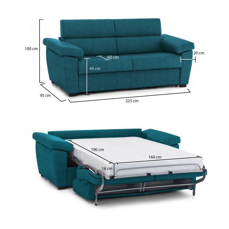 Divano letto in tessuto azzurro 225x95cm - Paceco