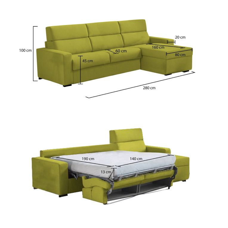 Divano letto in tessuto verde 280x160cm - Pusiano